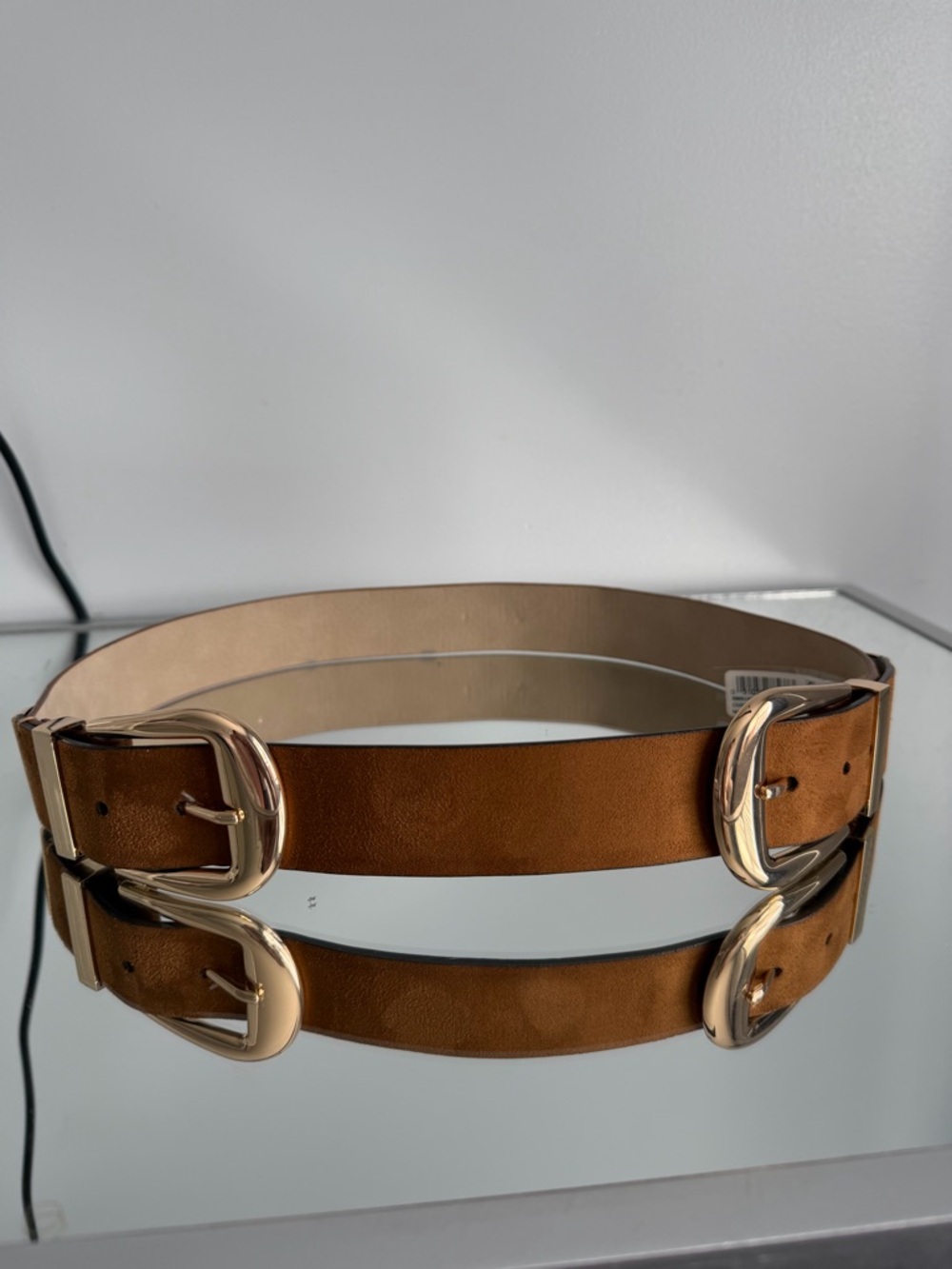 INC International Concepts Tan Double Buckle Waist Belt with Gold Hardware